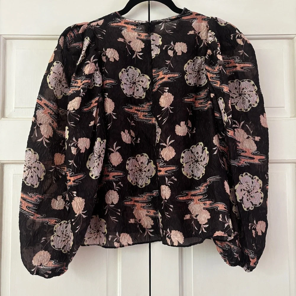 Ulla Johnson Eliza Blouse‎ Onyx Silk Blend Puff Sleeve Floral Top Size 4 Small